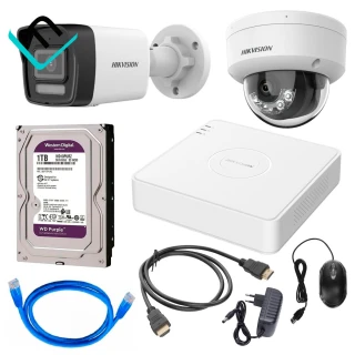KIT DE 2 CAMARAS HIKVISION IP CON AUDIO POE DE 2MP + NVR DE 4CH POE + DISCO DURO DE 1 TB WESTER DIGITAL PURPURA Y CABLE HDMI DE 1.5