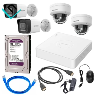 KIT DE 4 CAMARAS HIKVISION IP CON AUDIO POE DE 2MP + NVR DE 4CH POE + DISCO DURO DE 1 TB WESTER DIGITAL PURPURA Y CABLE HDMI DE 1.5